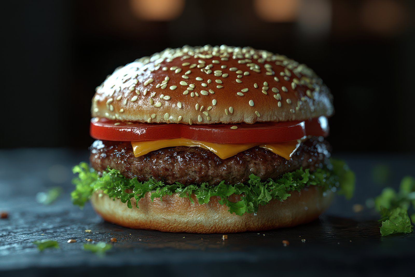 A juicy cheeseburger with lettuce and tomato on a black surface